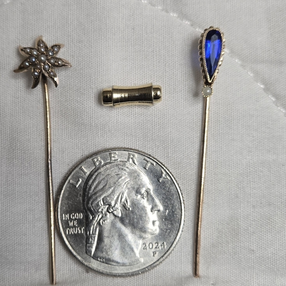 Vintage Blue Sapphire and 10k Gold Teardrop And 14k And Pearl Stick Pin